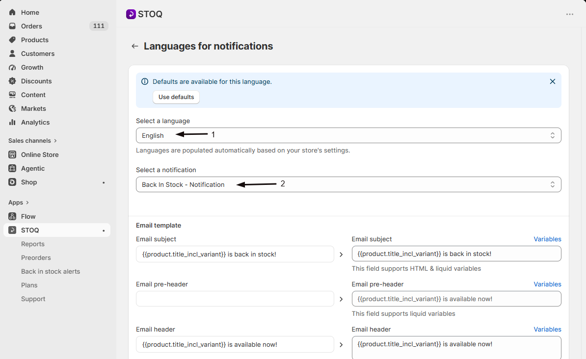 The Select a language and Select a notification dropdowns