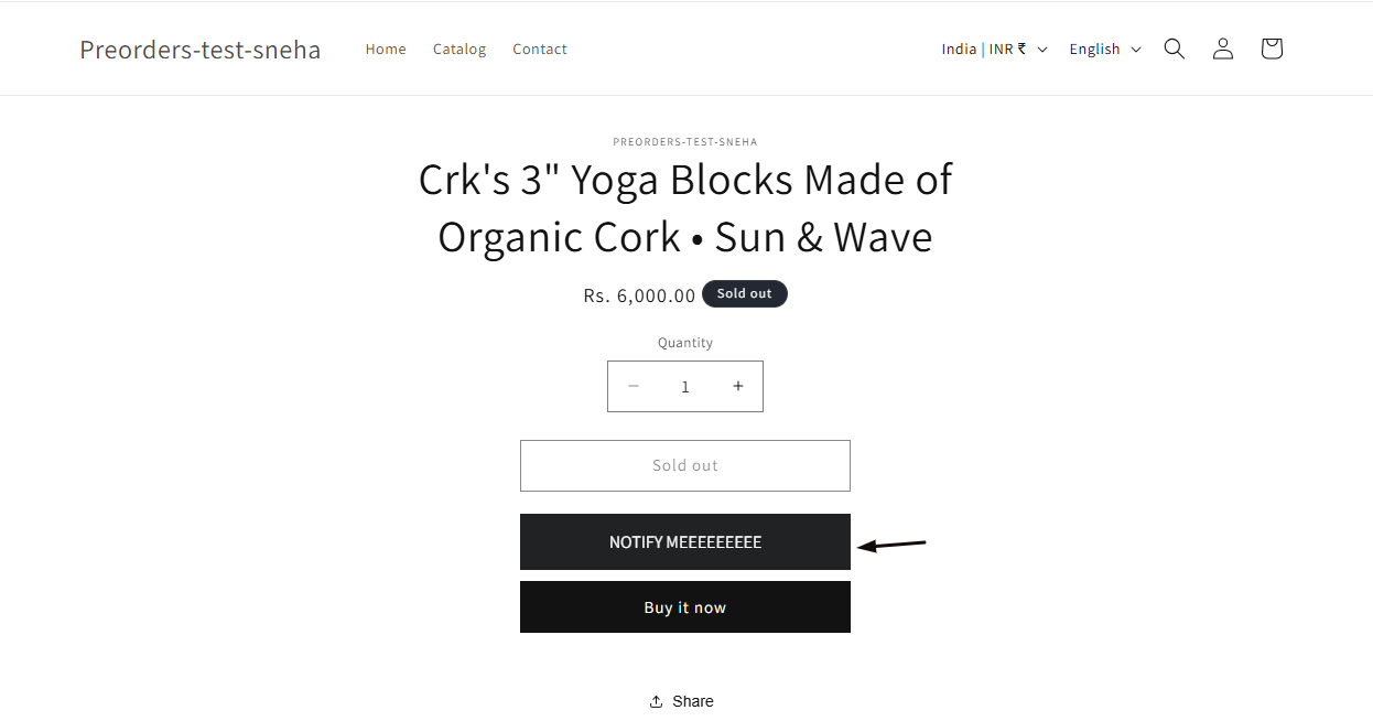 The Notify me button on the test product page on the live storefront