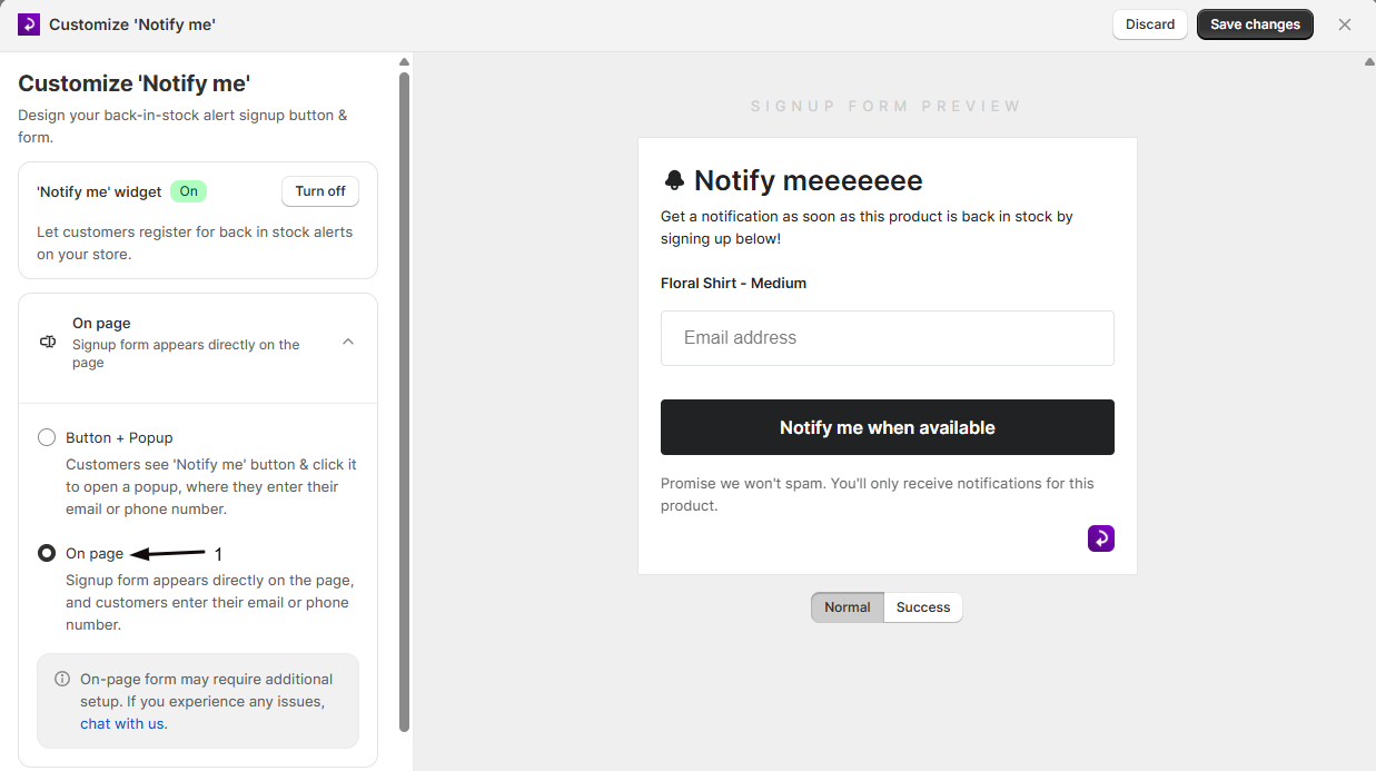 The On page radio button selected in the form-appearance options
