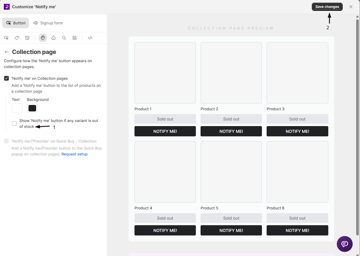 The Show Notify me button if any variant is out of stock toggle