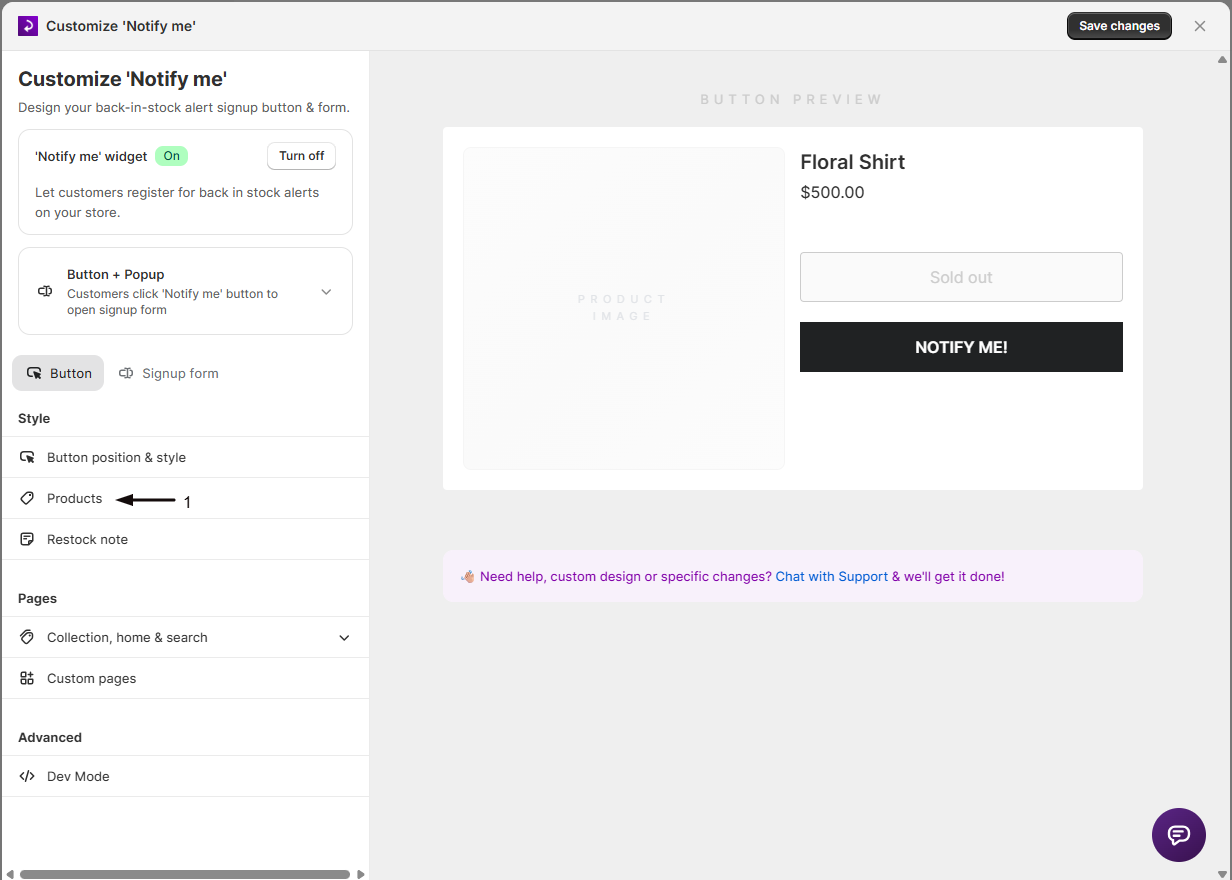 The Products section in the widget editor sidebar
