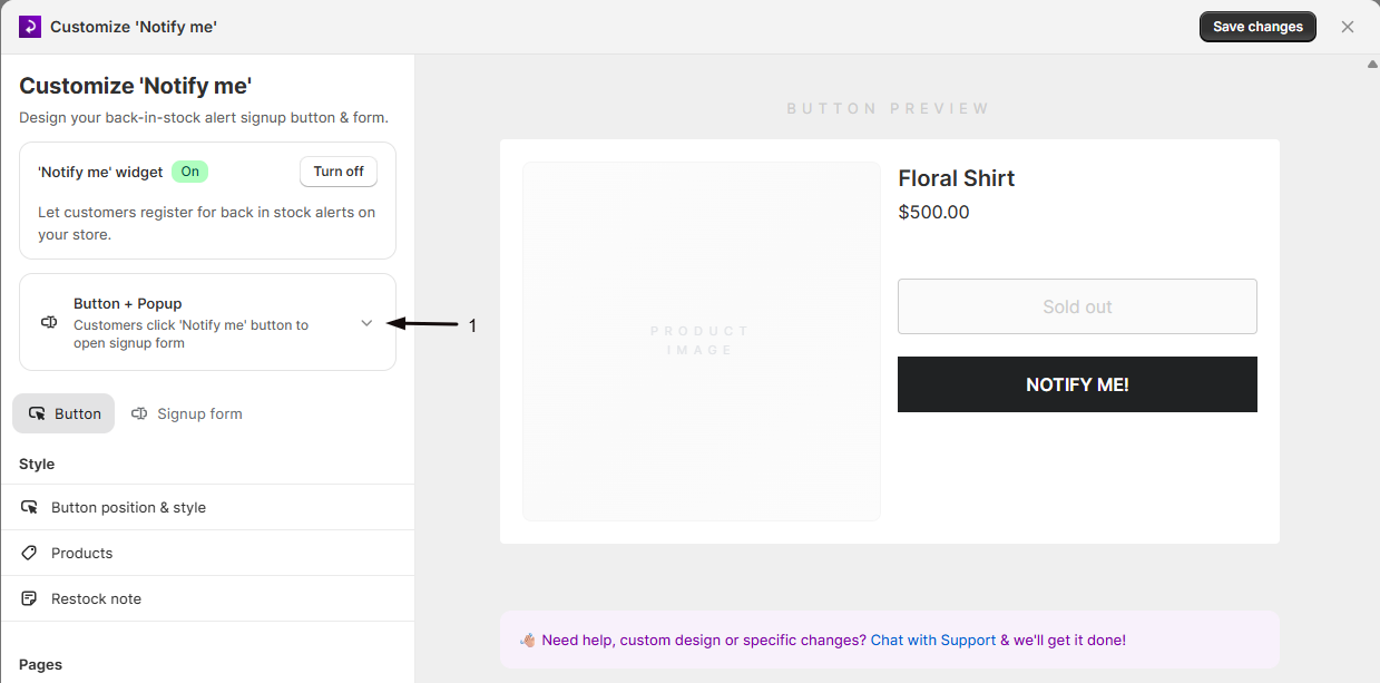 The Button + Popup summary row at the top of the widget editor