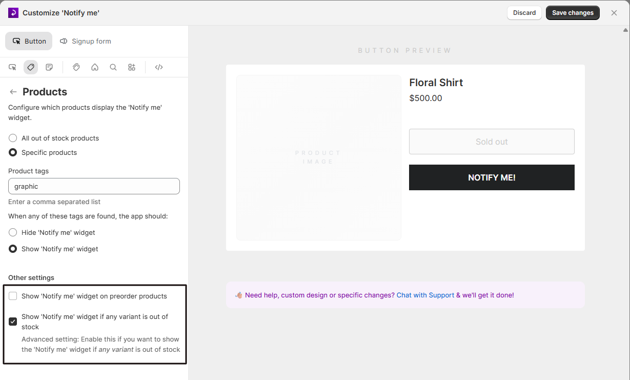 The additional eligibility toggles for preorder products and any variant out of stock