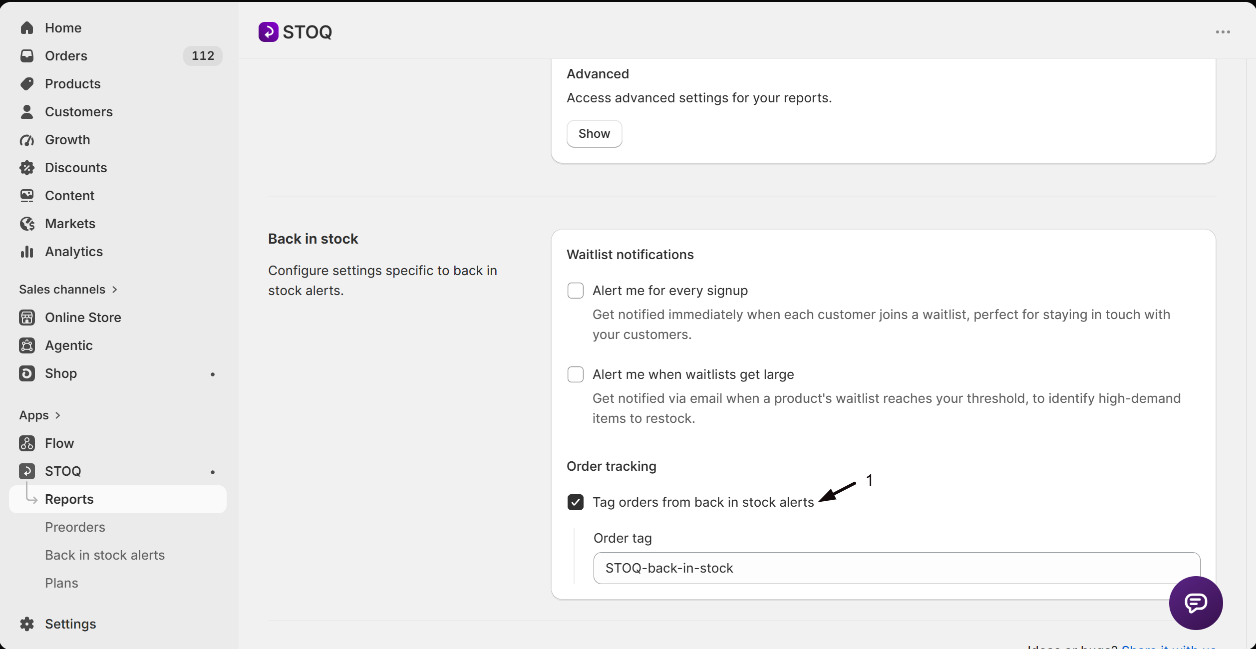 The Tag orders from back in stock alerts setting
