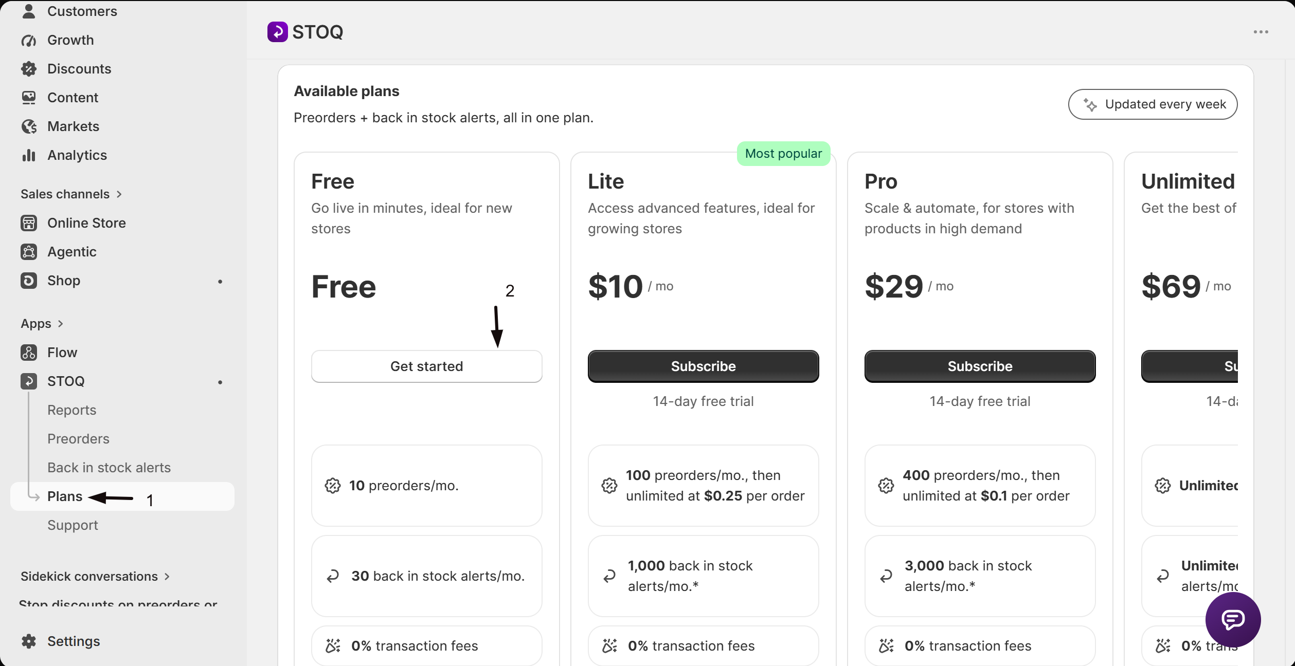 The plan cards with Subscribe and Get started on the Plans page