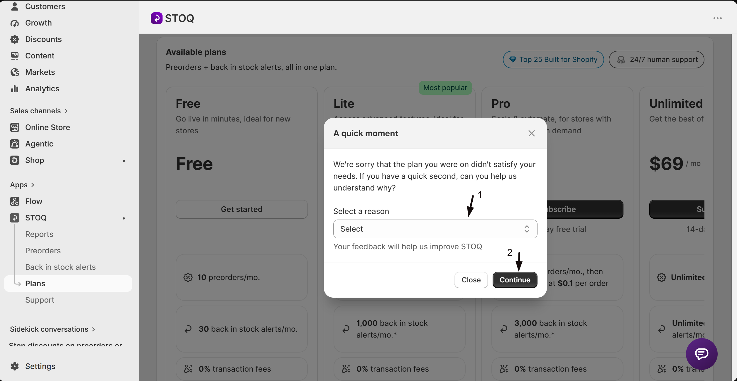 The A quick moment survey modal with the reason dropdown