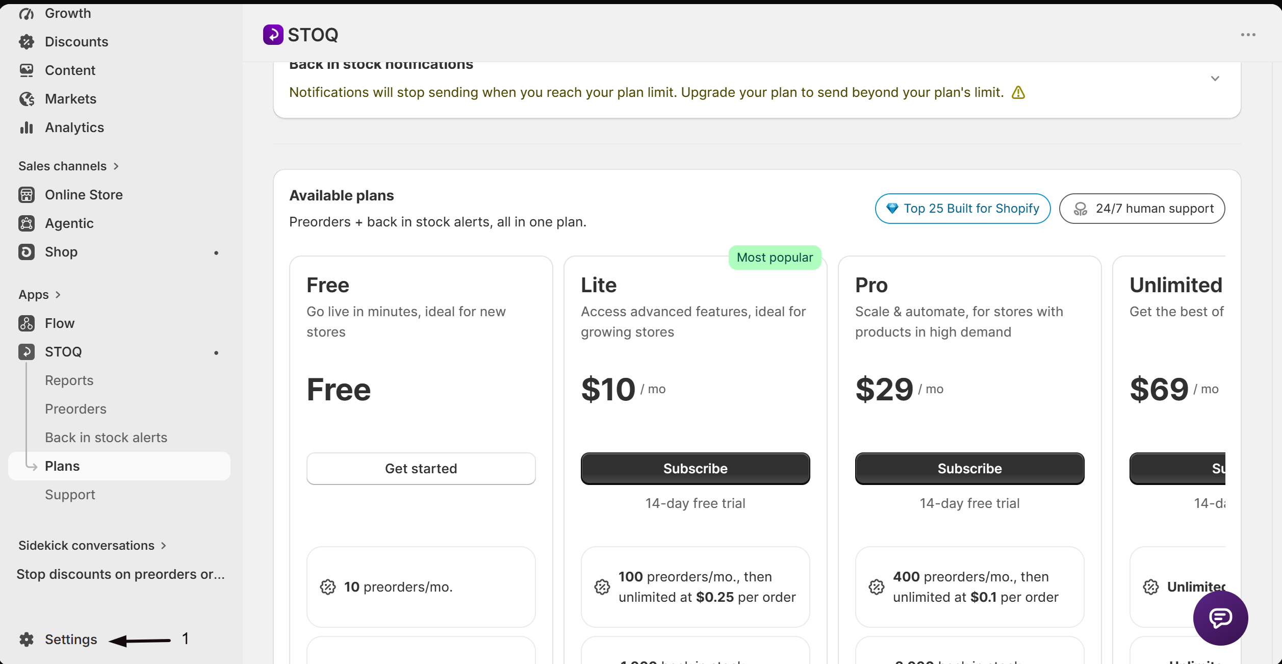 Settings at the bottom left of Shopify admin