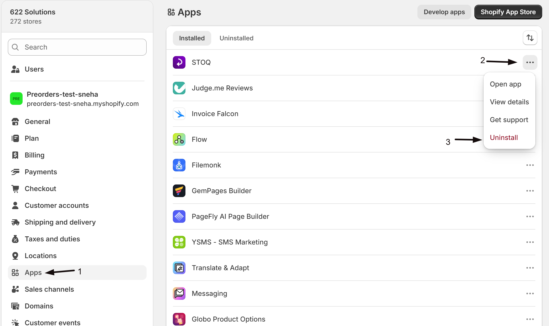 The Uninstall option for STOQ in Shopify admin Apps