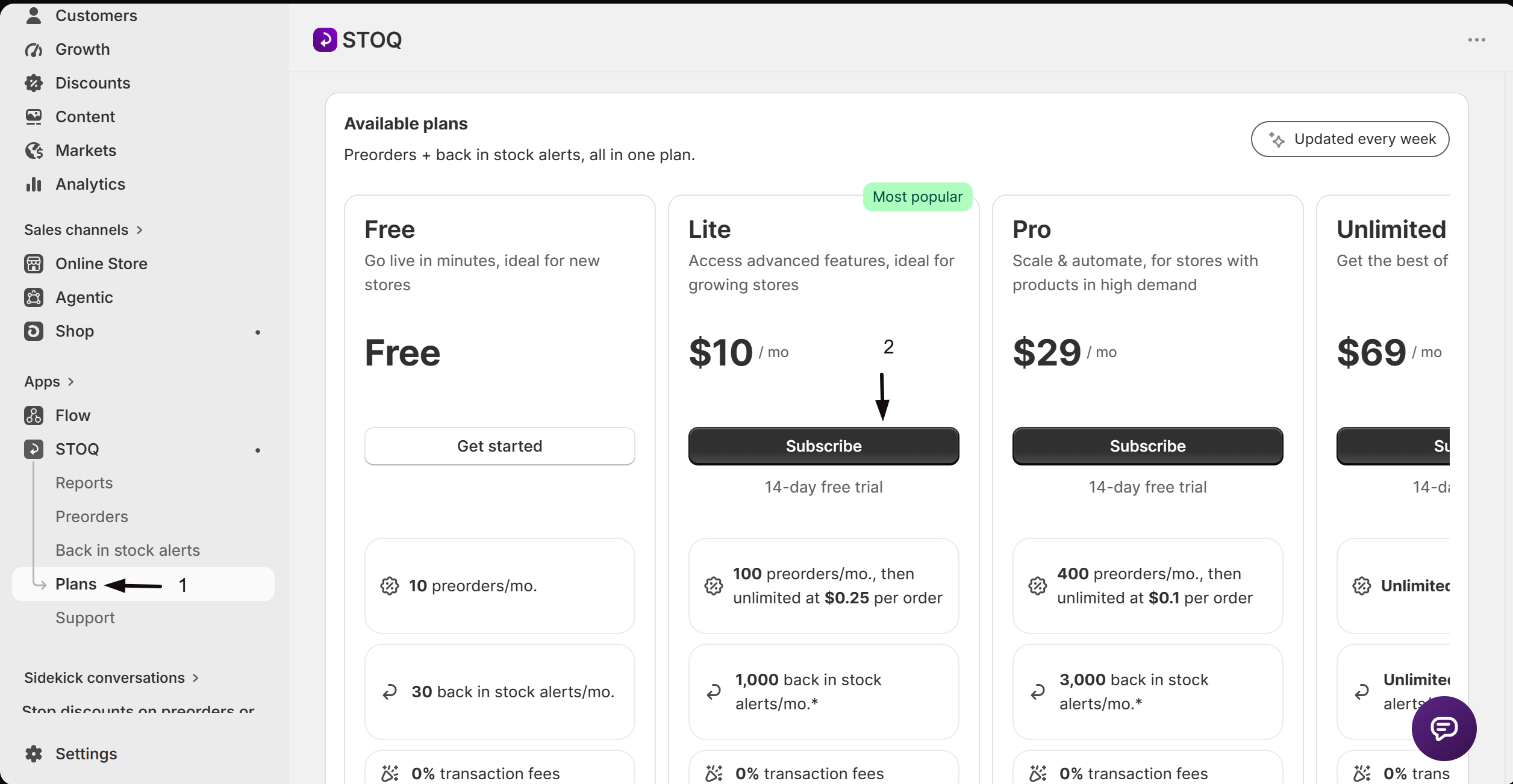 The plan cards on the Plans page