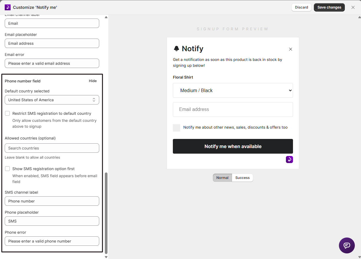 The Phone number field settings: default country, allowed countries, and SMS labels and placeholders