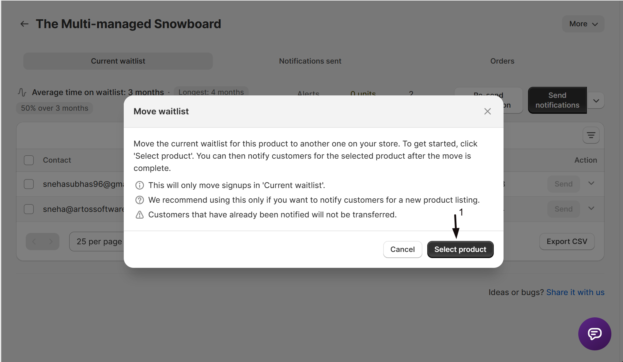 Selecting the destination product in the Move waitlist modal