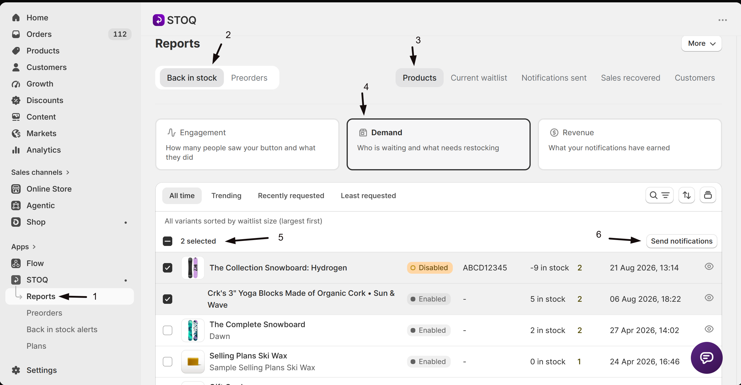 Selecting variants and Send notifications on the Products tab