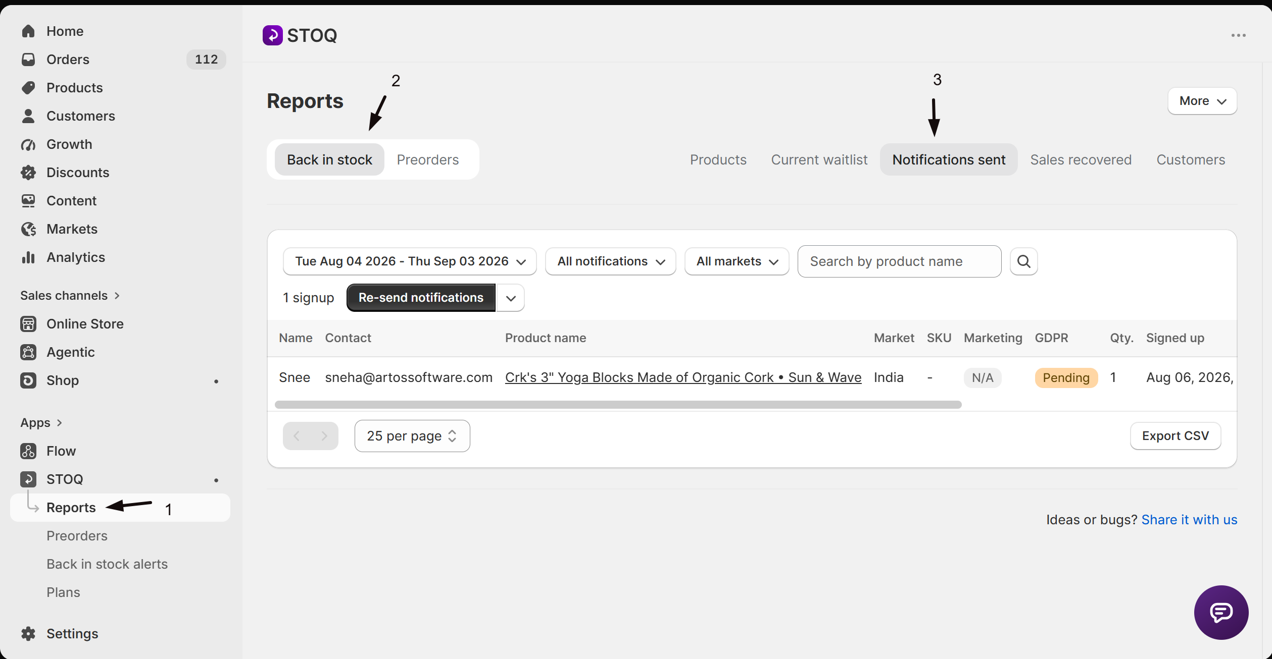 The Notifications sent tab under Reports, Back in stock