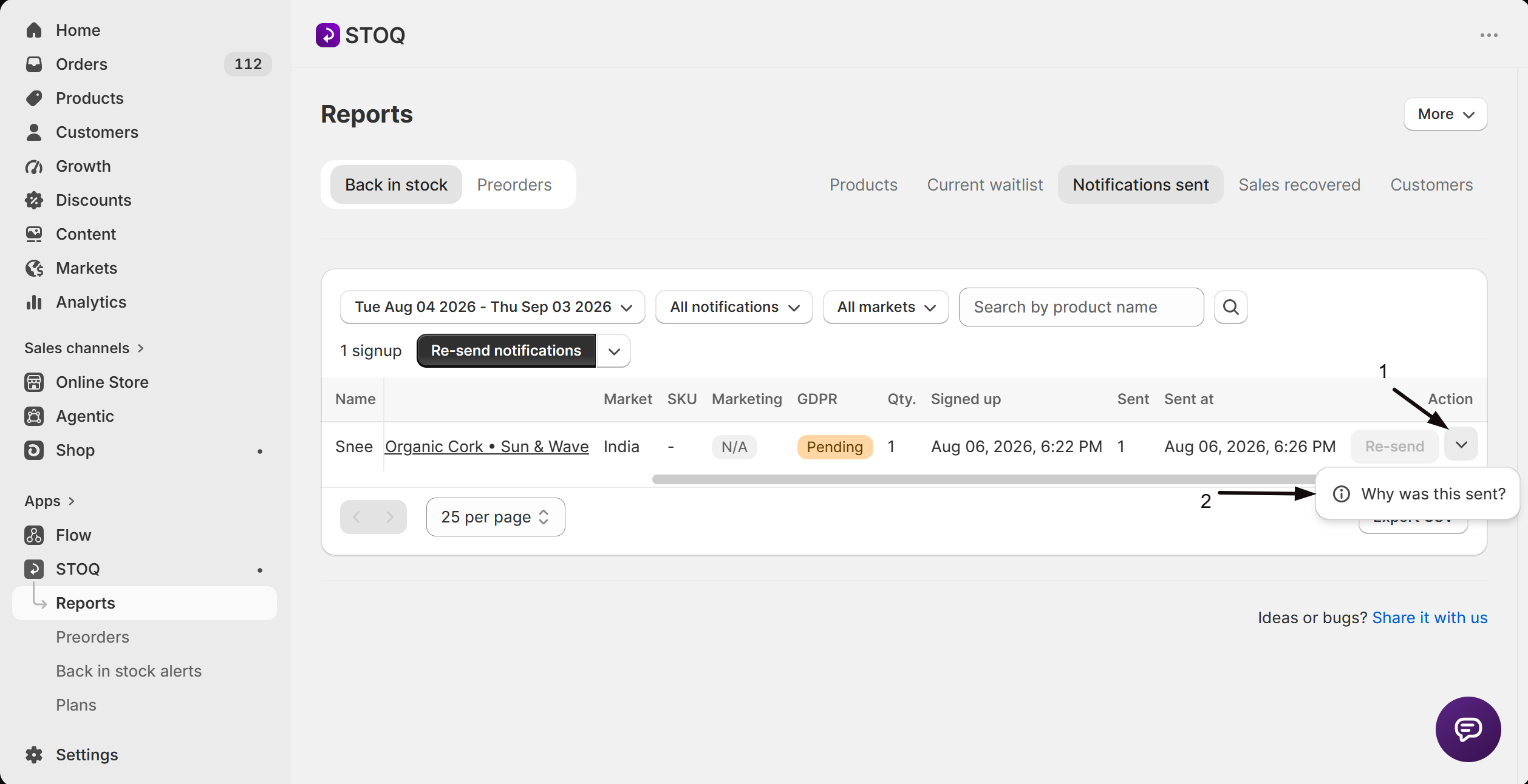 The Notification history panel with per-channel delivery status