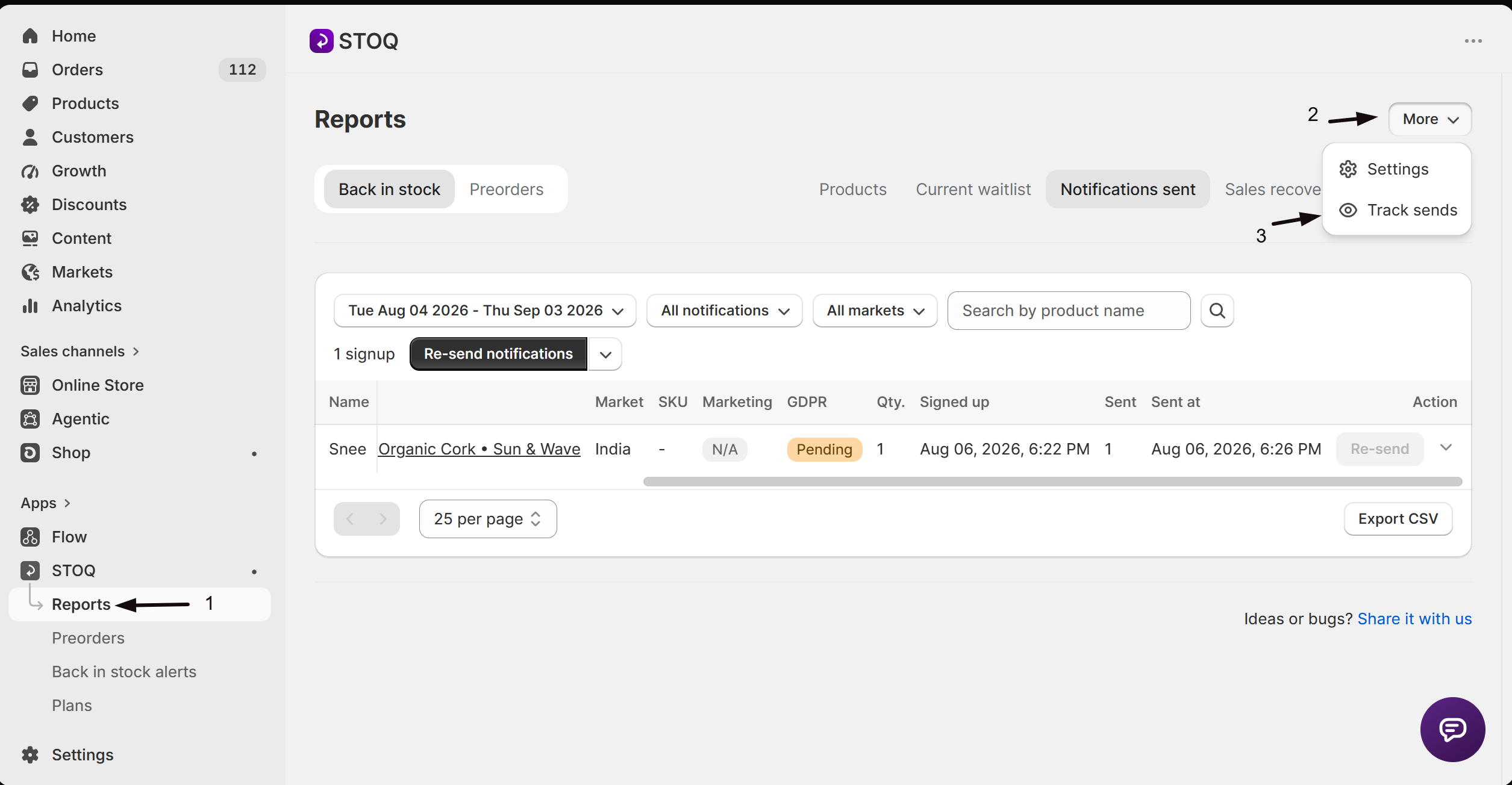 The Track sends option under the Reports More menu