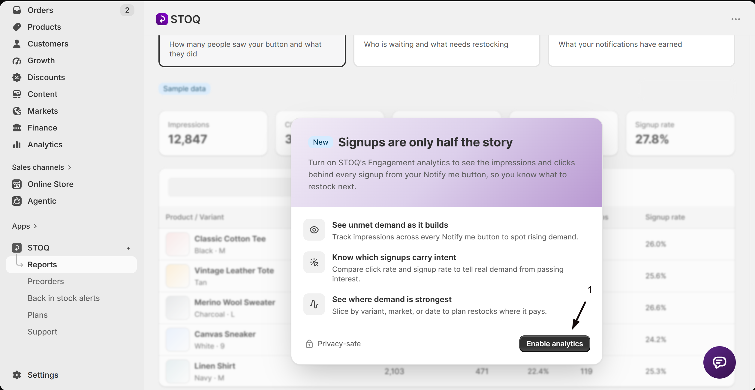 The Enable analytics card on the Engagement view