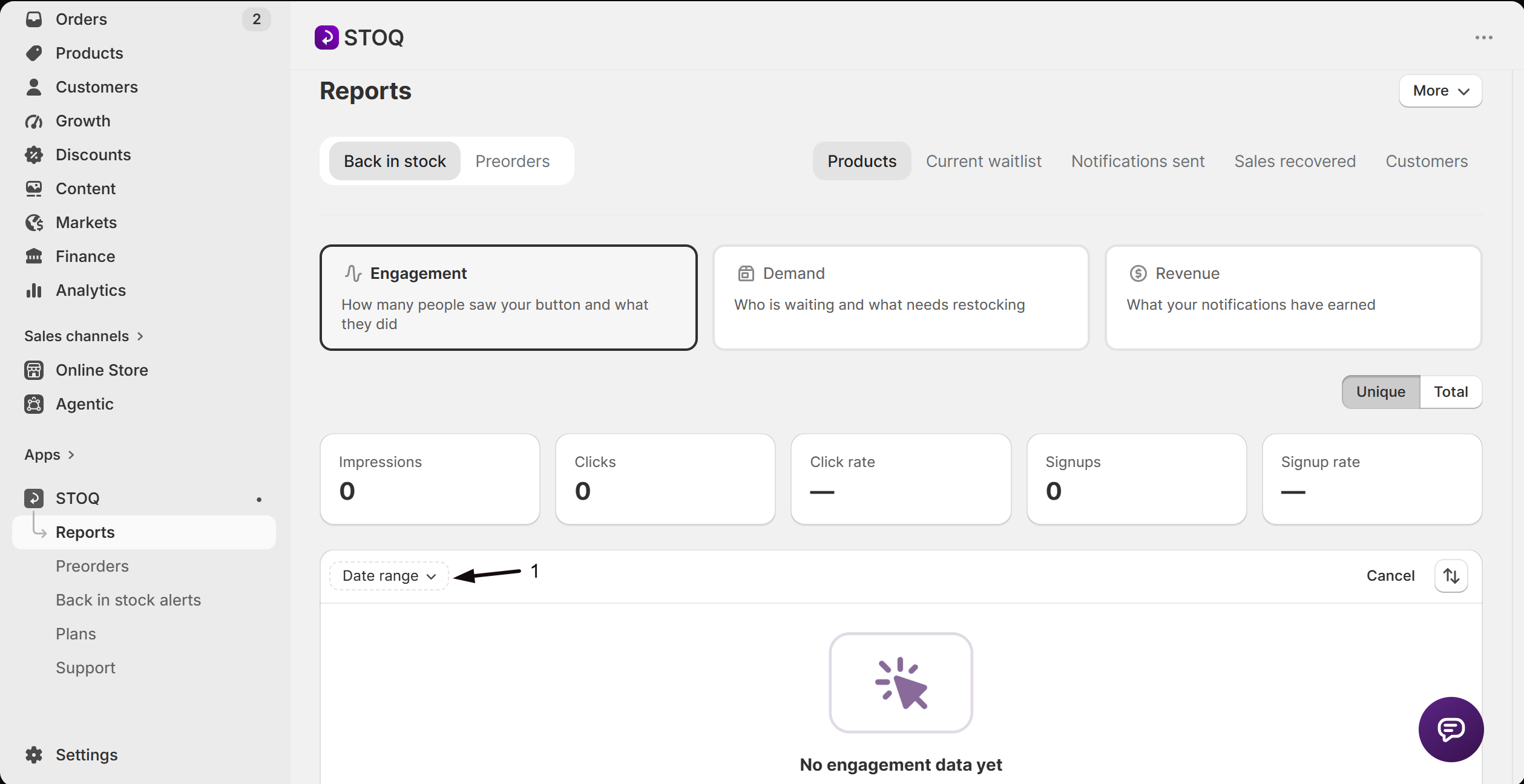 The date range and market filters above the engagement table