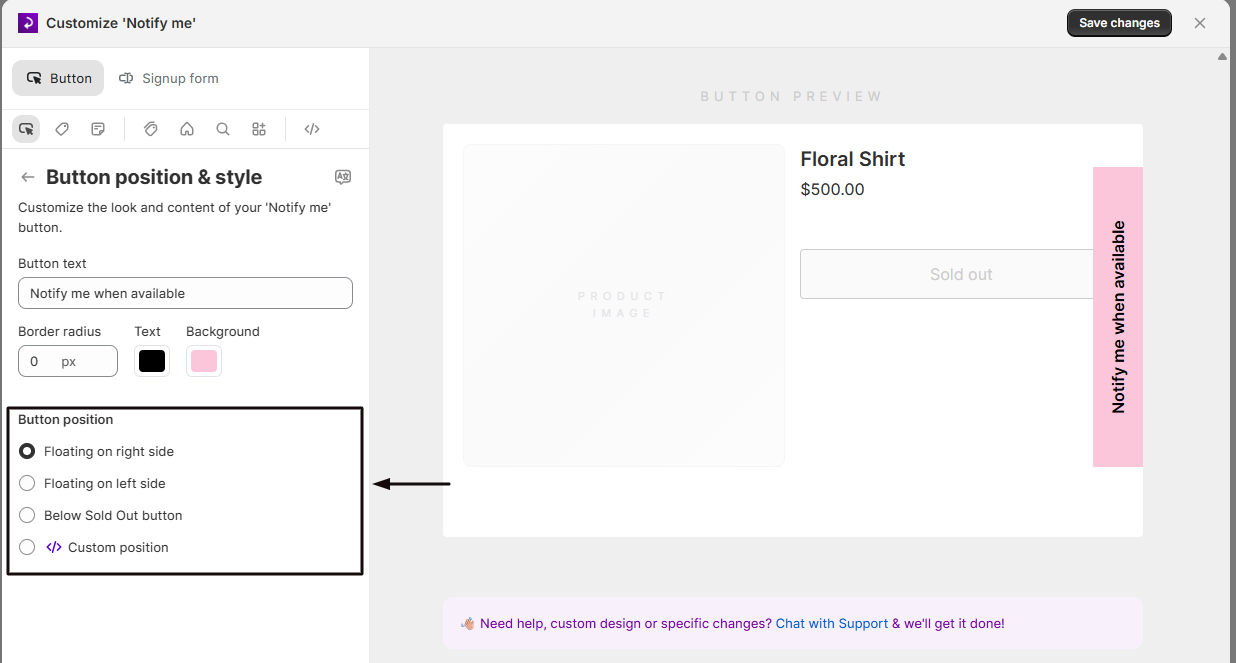 The button position options: Below Sold Out button, Floating on right side, and Floating on left side