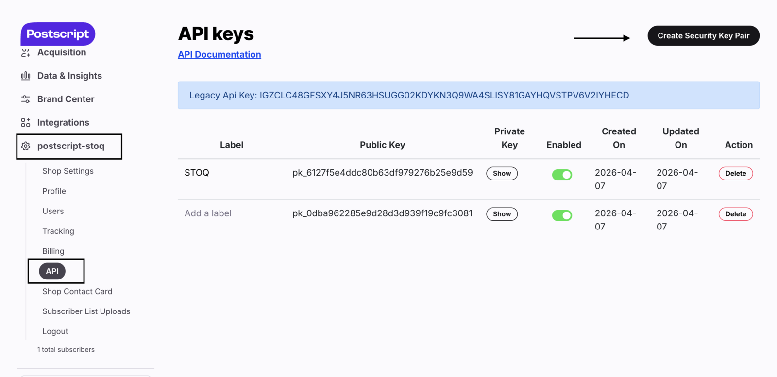 The Postscript Settings API page with the Private Key