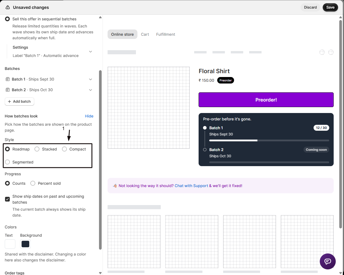 The How batches look options with marker 1 on the Style choices: Roadmap (selected), Stacked, Compact, Segmented