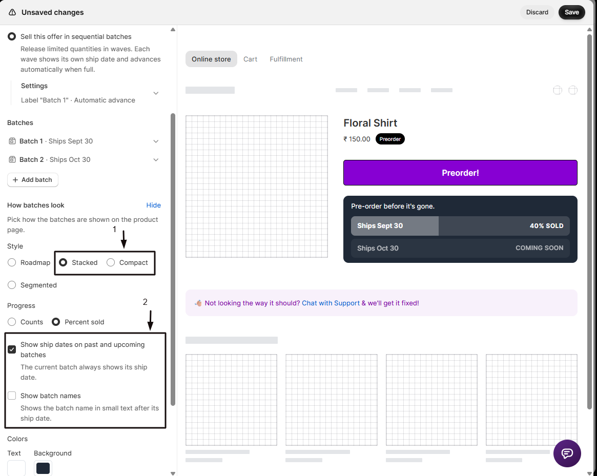 The How batches look options with the Style set to Stacked (marker 1) and marker 2 on the extra options Show ship dates and Show batch names; the preview shows the Stacked style
