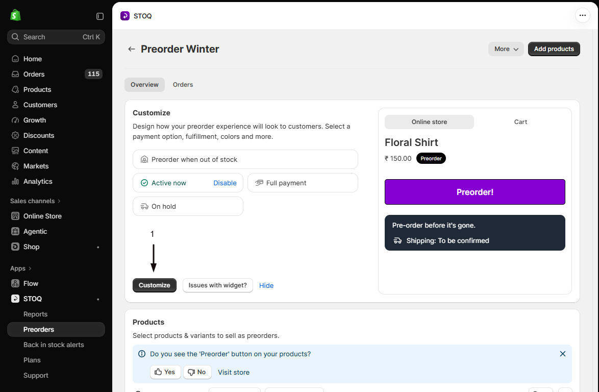 The Preorder Winter Overview tab with marker 1 on the Customize button