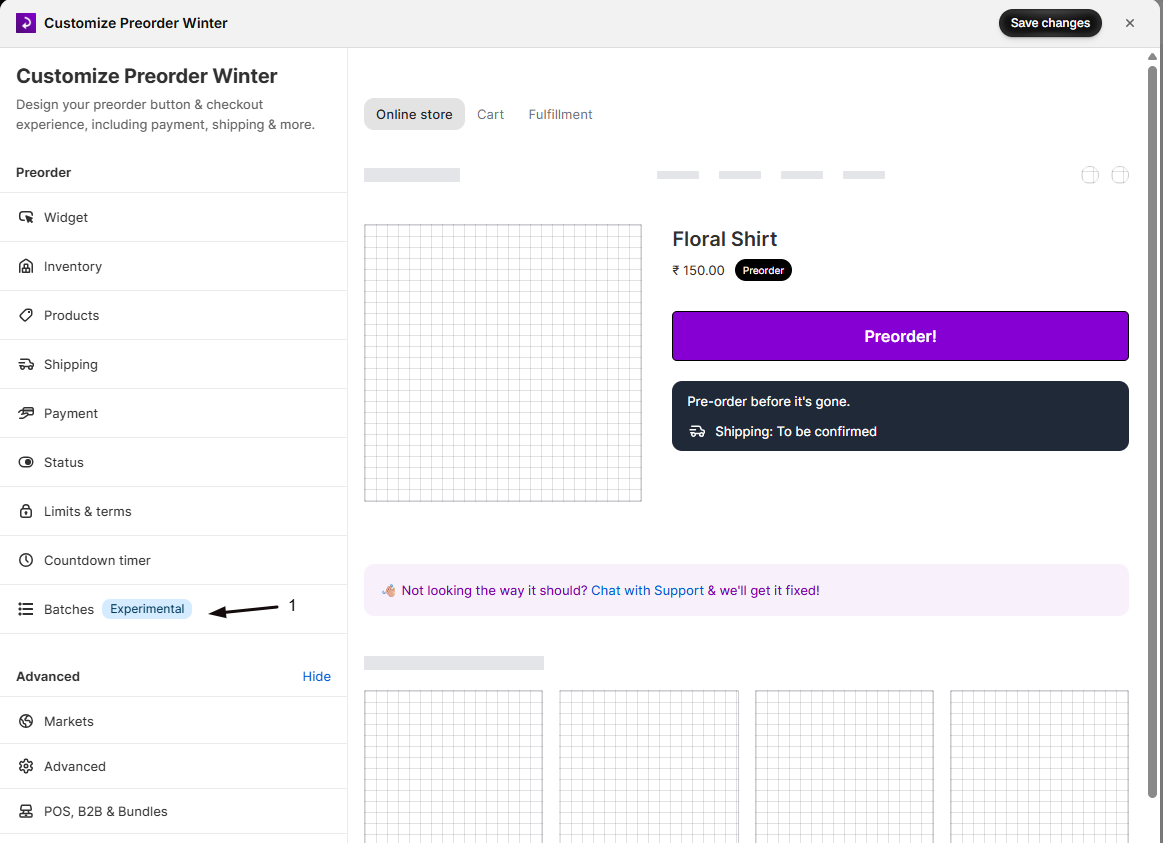 The offer editor with marker 1 on the Batches (Experimental) item in the sidebar