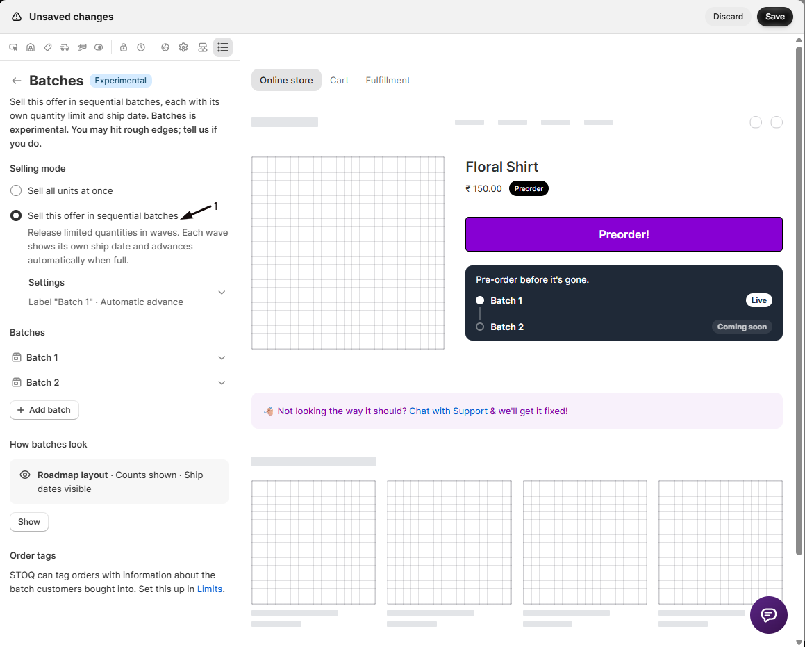 The Batches panel with marker 1 on the Sell this offer in sequential batches selling mode; the preview shows Batch 1 Live and Batch 2 Coming soon