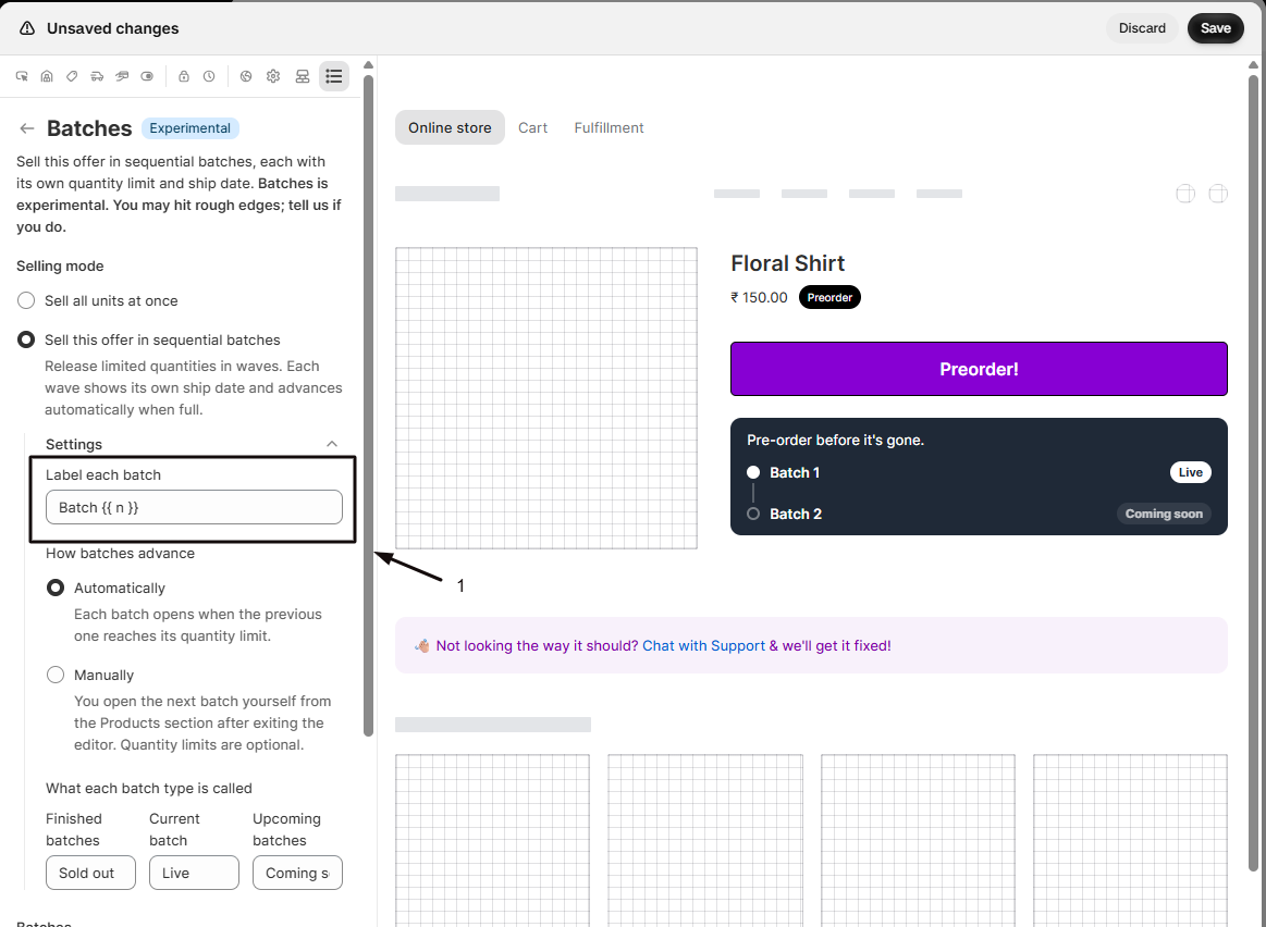 The Batches panel Settings with marker 1 on the Label each batch field showing the default batch-name template