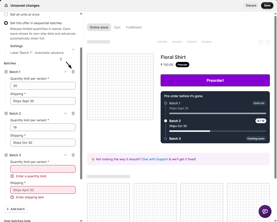 The Batches panel with three batches configured (Batch 1 Ships Sept 30, Batch 2 Ships Oct 30, Batch 3 with required-field errors) and marker 1 on the delete icon for Batch 1; the preview shows Batch 1 Sold out, Batch 2 8/19, Batch 3 Coming soon