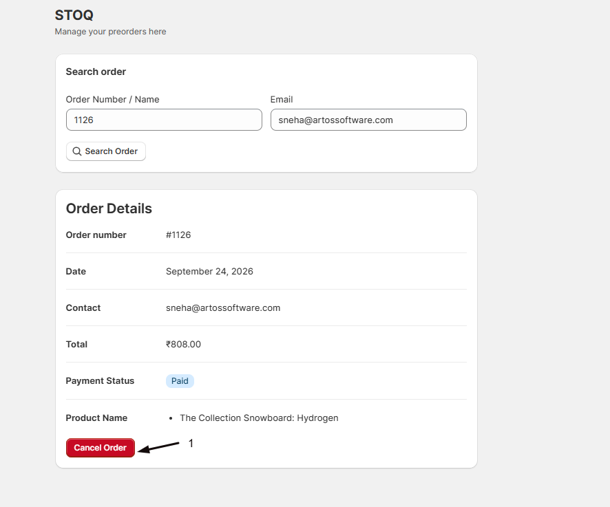 The hosted page showing Order Details (number, date, contact, total, payment status, product) with marker 1 on the red Cancel Order button