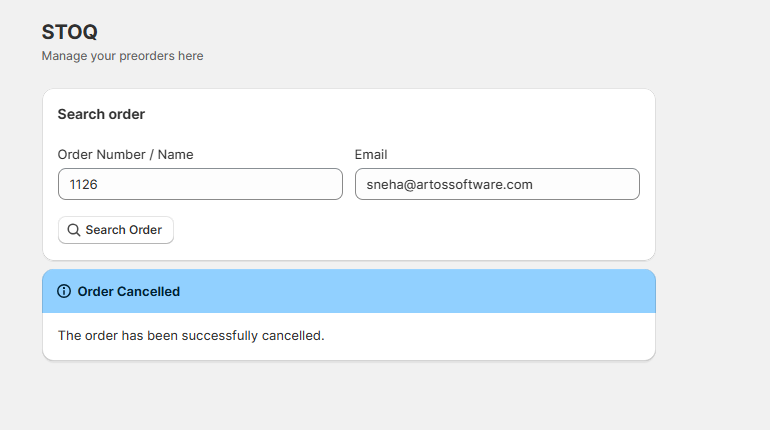 The hosted page showing an Order Cancelled banner reading The order has been successfully cancelled
