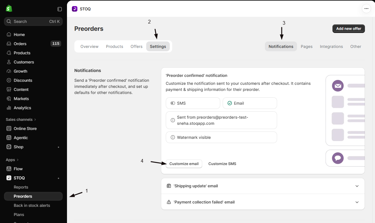 STOQ Preorders Settings Notifications sub-tab with markers: 1 Preorders in the left menu, 2 the Settings tab, 3 the Notifications sub-tab, 4 the Customize email button