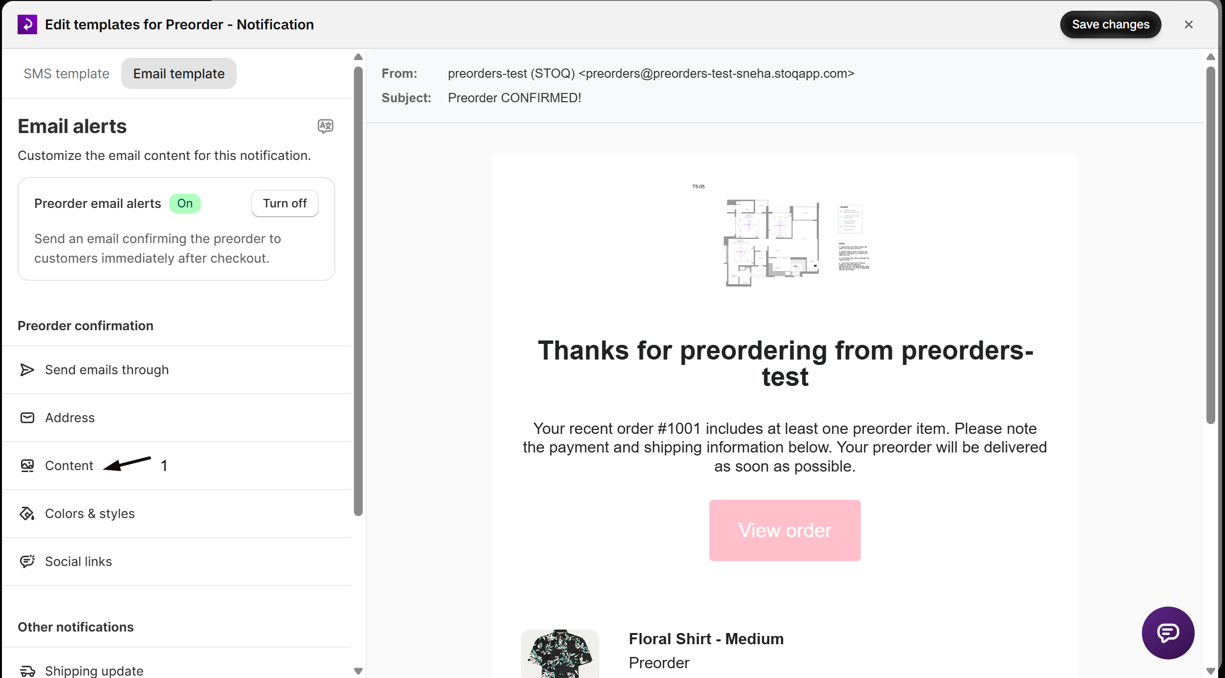 The Preorder confirmation email editor with marker 1 on the Content item in the sidebar