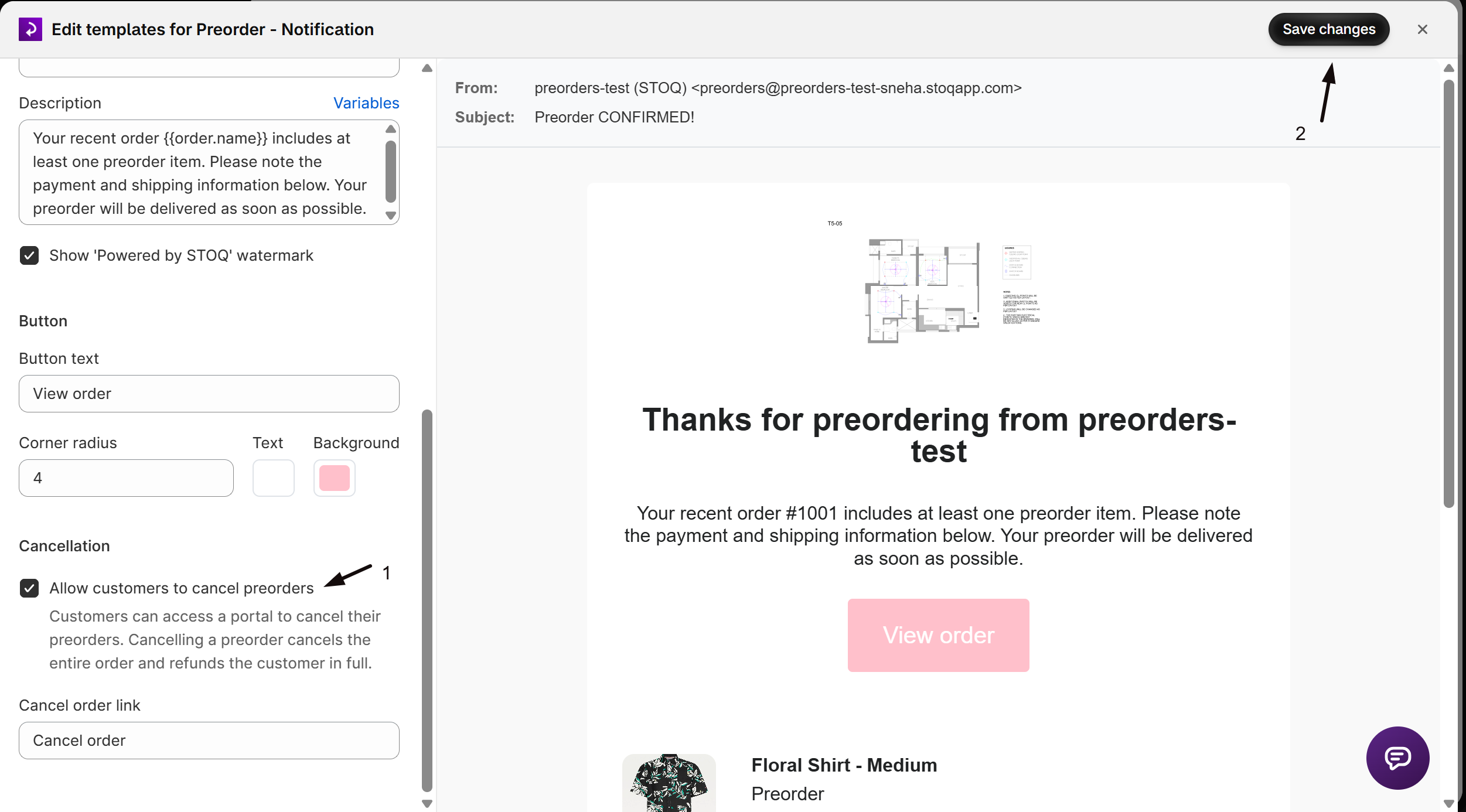 The email editor Content panel Cancellation section with marker 1 on the checked Allow customers to cancel preorders checkbox and marker 2 on Save changes