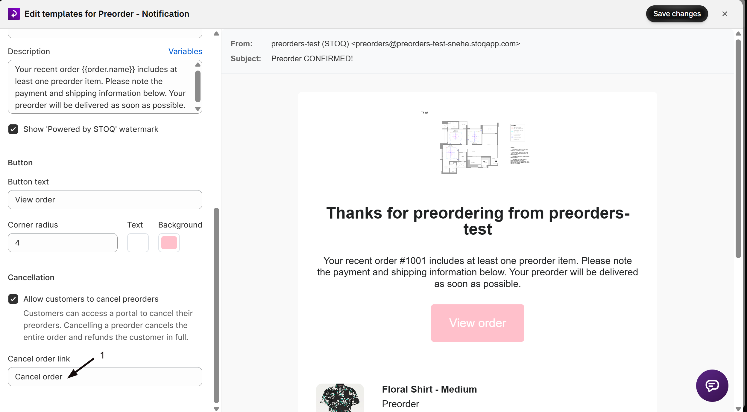 The Cancellation section with marker 1 on the Cancel order link text field set to Cancel order