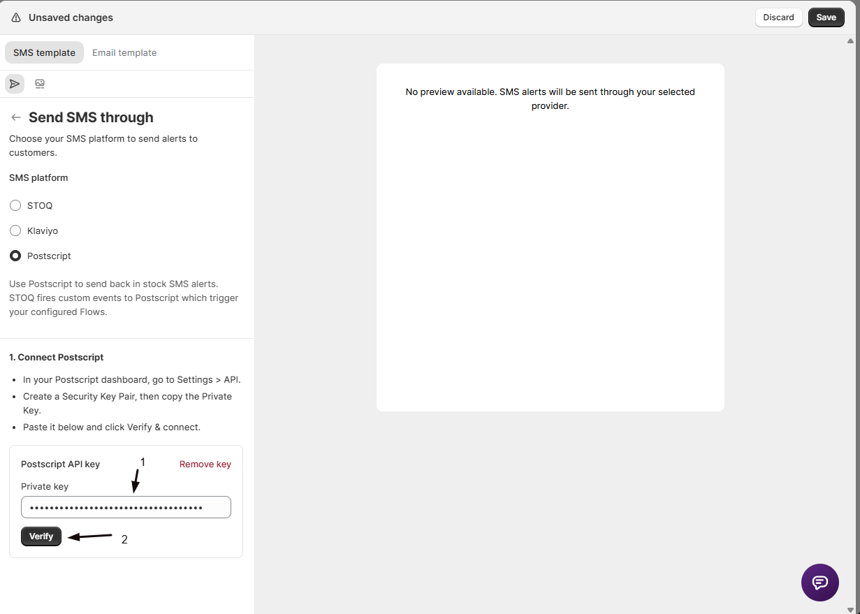 The STOQ SMS editor with Postscript selected, showing the Private key field and Verify button