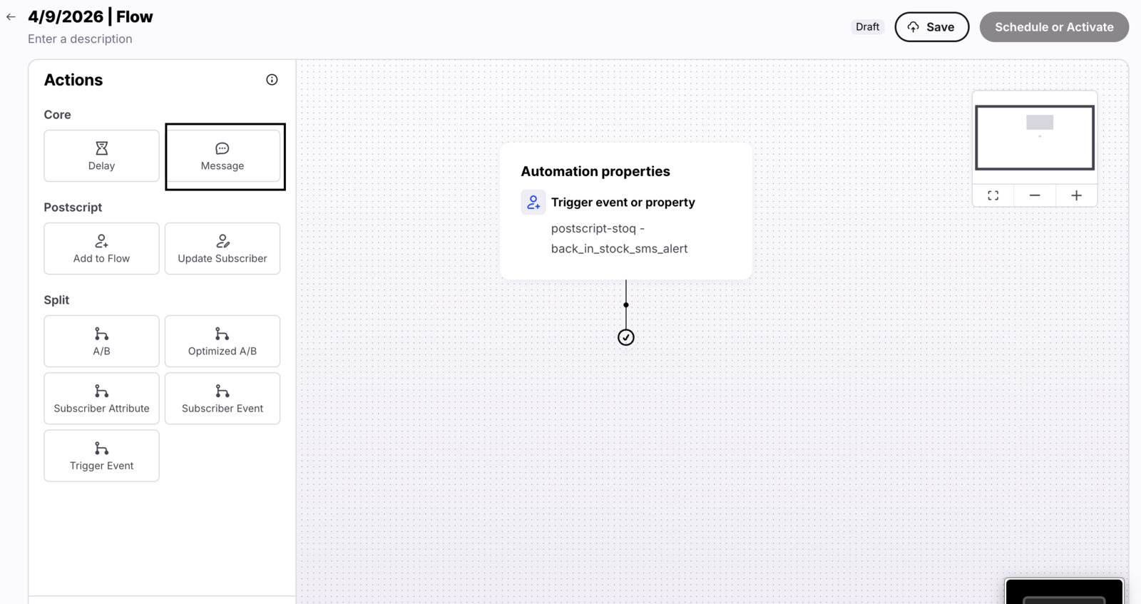 The Postscript Flow Actions panel with the Message action for adding the SMS