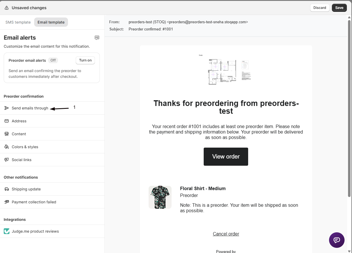 The Send emails through option in the STOQ email editor sidebar, where you choose STOQ or Klaviyo