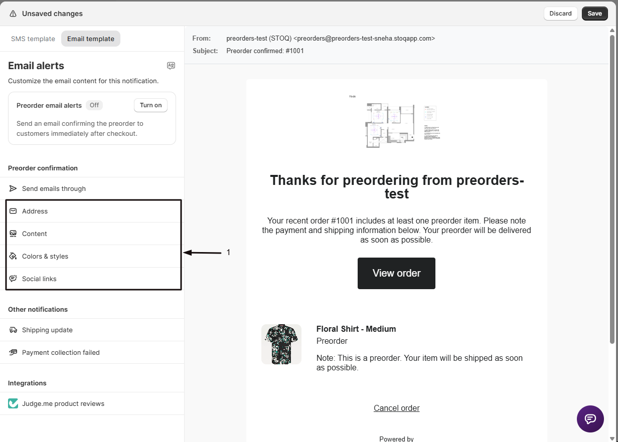 The STOQ email editor side panel with the Address, Content, Colors and styles, and Social links sections