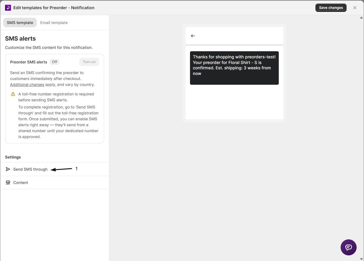 The Send SMS through option in the STOQ SMS editor sidebar, where you choose STOQ, Klaviyo, or Postscript