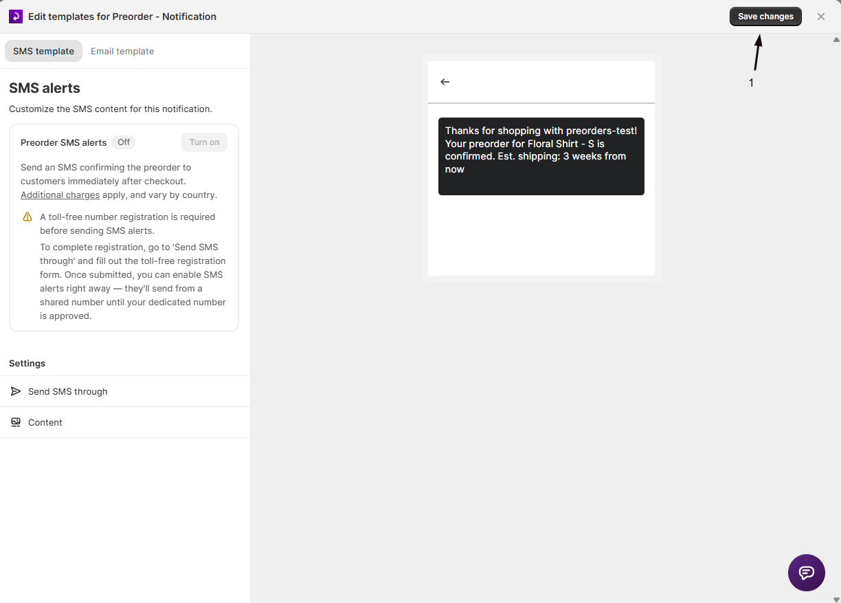 The Save changes button in the STOQ SMS editor