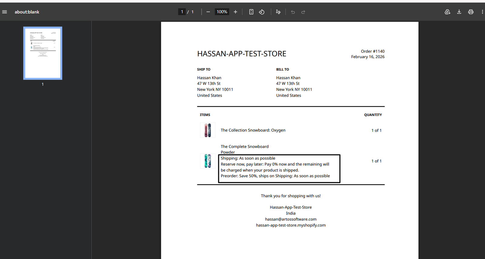 A printed packing slip preview showing a preordered line with STOQ's Shipping, Reserve now pay later, and Preorder detail lines beneath the product