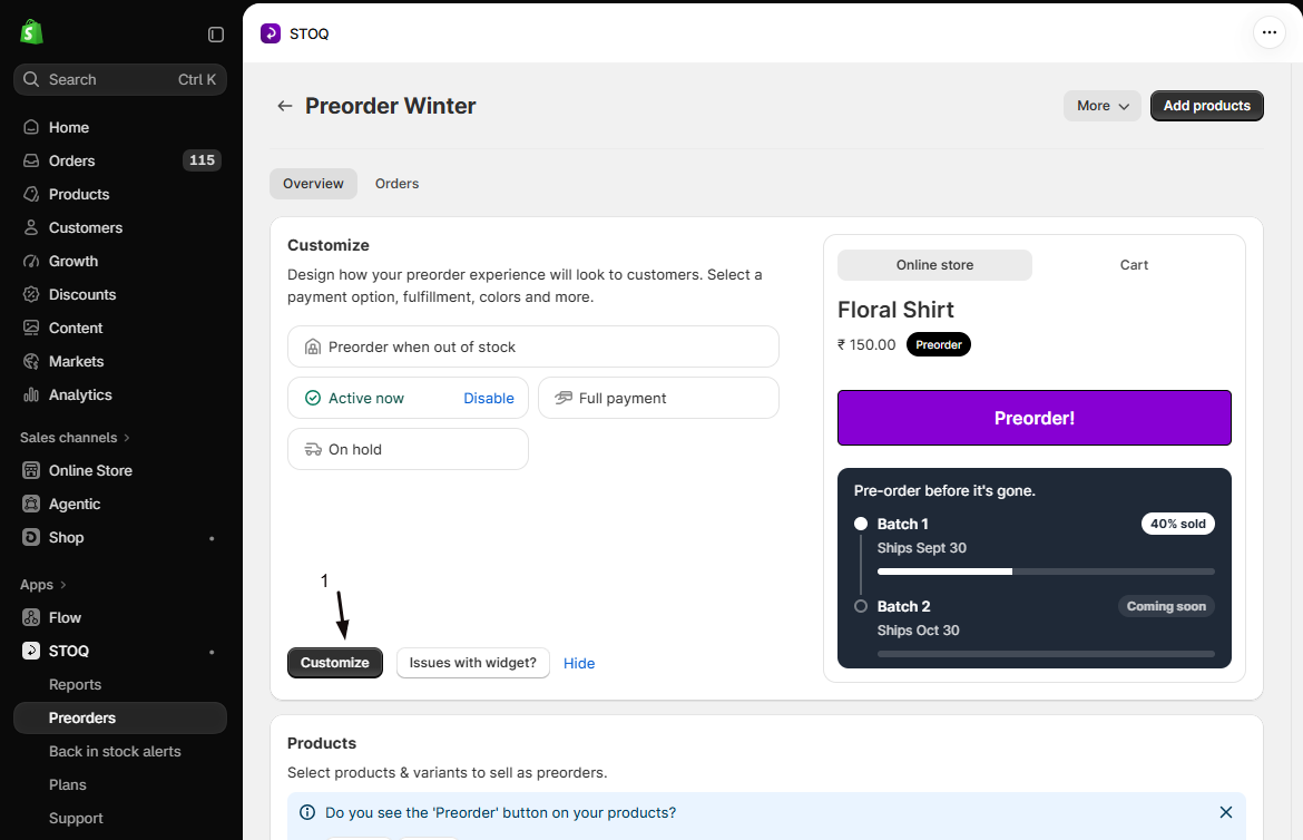 The Preorder Winter Overview tab with marker 1 on the Customize button