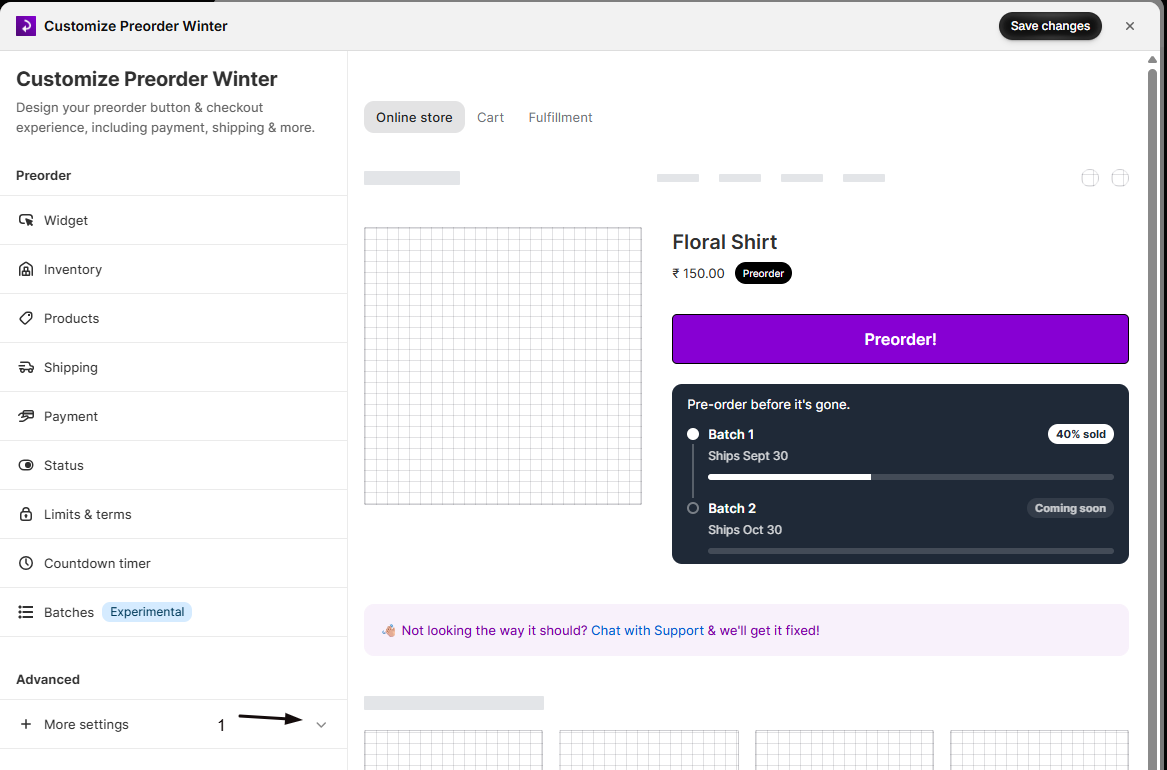 The offer editor with marker 1 on the More settings expander under Advanced in the sidebar