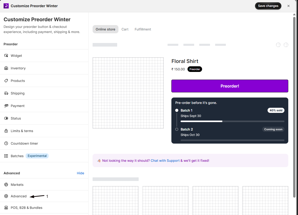 The offer editor with the Advanced group expanded and marker 1 on the Advanced item