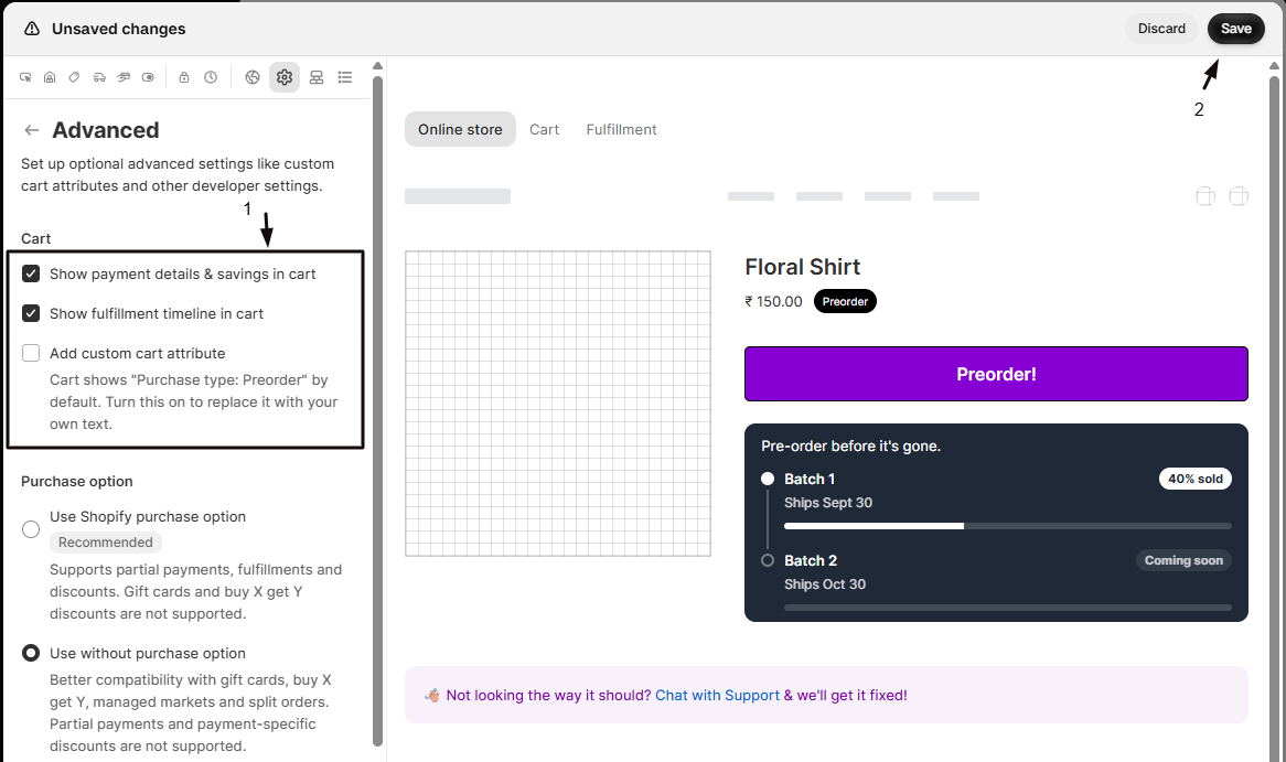 The Advanced panel Cart section (marker 1) with Show payment details and savings and Show fulfillment timeline checked, Add custom cart attribute below, and marker 2 on Save