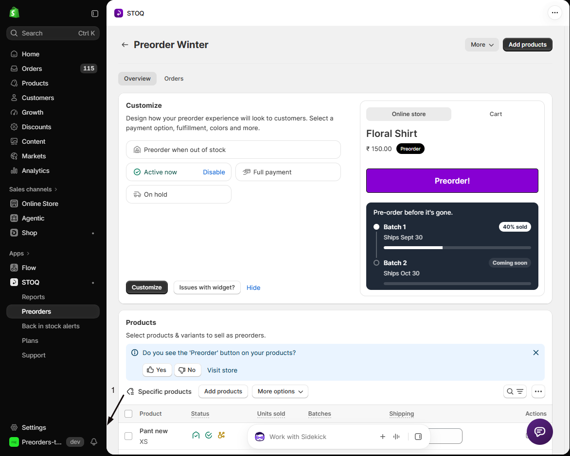 The STOQ offer page with marker 1 pointing to Settings in the Shopify admin left navigation, where the packing slip template lives