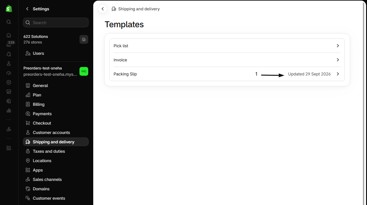 The Shopify Templates page with marker 1 on the Packing Slip template