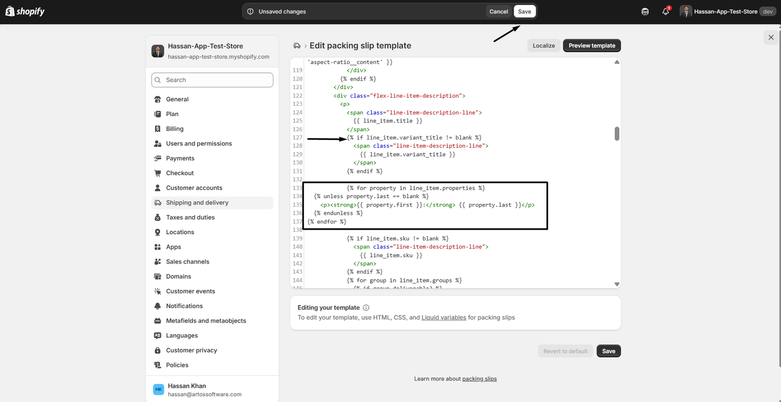 The Shopify Edit packing slip template code editor with the line-item properties loop highlighted and the Save button